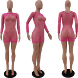 Sexy Fishnet Long Sleeve Mini Dress Women O Neck See Through Club Party Dresses Stretchy Beach Wear Summer Cover Up Sundress