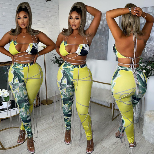 Echoine Print Undefined Ribbons Rope Two Piece Set Sexy Party Night Clubwear Bandage Lace Up Bra Top Pants Set Vacation Outfits