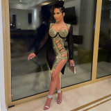 Sexy Women Dress Hollow Out Bodycon Diamond Sheer Mesh Party Night See Through Dresses For Women Vestidos
