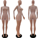 Sexy Fishnet Long Sleeve Mini Dress Women O Neck See Through Club Party Dresses Stretchy Beach Wear Summer Cover Up Sundress