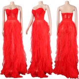 2021 Novelty Chic Design Dress Solid Embroidery Ruffles Slash Neck Strapless Sexy Celebrity Party Maxi Dress Vestidos