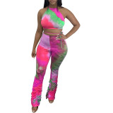 2020 Fashion Female Sport Suit Set  Tie Dye Print Halter backless Crop Top+Pants suits Tracksuit Lace Up Clothes 4 Colors
