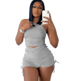 2022 Summer Women Biker Two Piece Set Tracksuit Matching Set Solid Color Drawstring Sportsuit Clothes For Women