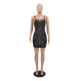 Felyn 2022 Famous Elegant Design Dress Solid Diamond Spaghetti Strap Sexy Club Mini Dress Vestidos