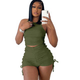 2022 Summer Women Biker Two Piece Set Tracksuit Matching Set Solid Color Drawstring Sportsuit Clothes For Women