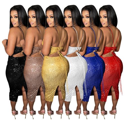 2022 New Fashion Sequined Spaghetti Strap Sexy Backless Bodycon Midi Dress For Women Evening Party Vestidos