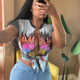 K22TP255 fashion women's clothing summer new printing hip-hop street fringed cardigan short-sleeved T-shirt