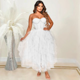 Felyn 2022 Ins Internet Celebrity Famous Dress Solid Ruffles Beading Slash Neck Strapless Sexy Maxi Dress Vestidos