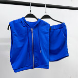 2022 Summer Women Biker 2 Piece Set Sleeveless Hooded Shirt And Pants With Pocket Sportsuit Matching Set For Women