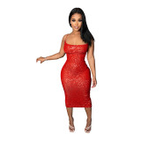 2022 New Fashion Sequined Spaghetti Strap Sexy Backless Bodycon Midi Dress For Women Evening Party Vestidos