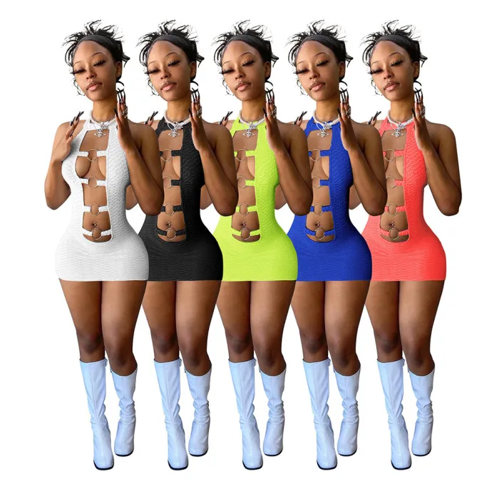 2022 Sexy Women Mini Dress Hollow Out Solid Color Slim Bodycon Sleeveless Backless Party Night Clubwear Dresses For Women