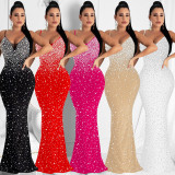 Felyn 2022 New Arrival Famous Brand Dress Solid Beading Spaghetti Strap Sexy Celebrity Party Maxi Dress Vestidos