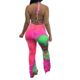 2020 Fashion Female Sport Suit Set  Tie Dye Print Halter backless Crop Top+Pants suits Tracksuit Lace Up Clothes 4 Colors