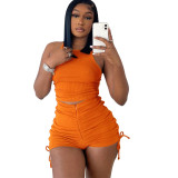 2022 Summer Women Biker Two Piece Set Tracksuit Matching Set Solid Color Drawstring Sportsuit Clothes For Women