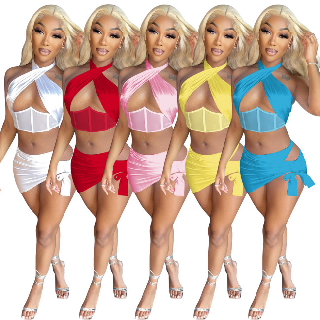Casaul Women Skirt Two Piece Set Crop Tank Top + Mini Dress Solid Color Party Night Tracksuit Clothes For Women Outfit