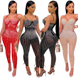 Sexy Women Jumpsuit Diamond Sheer Mesh Party Night Clubwear Bodycon Spaghetti strap Fitness Long Romper Women Jumpsuit