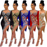 Sexy Women Dress Hollow Out Bodycon Diamond Sheer Mesh Party Night See Through Dresses For Women Vestidos