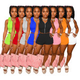 2022 Summer Women Biker 2 Piece Set Sleeveless Hooded Shirt And Pants With Pocket Sportsuit Matching Set For Women