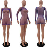 Sexy Fishnet Long Sleeve Mini Dress Women O Neck See Through Club Party Dresses Stretchy Beach Wear Summer Cover Up Sundress