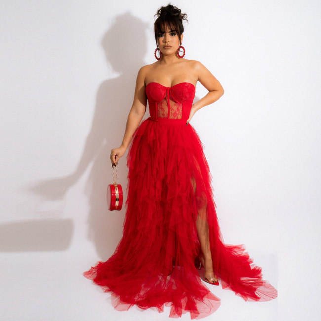2021 Novelty Chic Design Dress Solid Embroidery Ruffles Slash Neck Strapless Sexy Celebrity Party Maxi Dress Vestidos