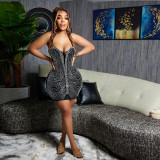 Felyn 2022 Famous Elegant Design Dress Solid Diamond Spaghetti Strap Sexy Club Mini Dress Vestidos