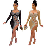 Sexy Women Dress Hollow Out Bodycon Diamond Sheer Mesh Party Night See Through Dresses For Women Vestidos