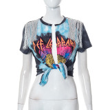K22TP255 fashion women's clothing summer new printing hip-hop street fringed cardigan short-sleeved T-shirt