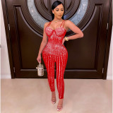 Sexy Women Jumpsuit Diamond Sheer Mesh Party Night Clubwear Bodycon Spaghetti strap Fitness Long Romper Women Jumpsuit