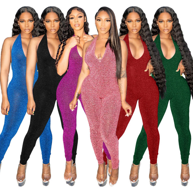 fashion women's solid color mesh sleeveless halter neck open back 6-color jumpsuit jumpsuits