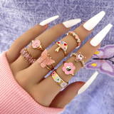 Fashion Pink Crystal Heart Ring Set For Women Enamel Yin Yang Angel Open Rings Teen Girls Unusual Jewelry Gift