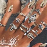 12pcs/Set Fashion Elephant Knuckle Rings Set For Women Crystal Stone Feather finger Ring Female Boho Party Jewelry Gift