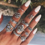 11 Pcs/Set Women Rings sets Vintage Elephant Heart Crown Crystal Geometry Joint Silver Color Ring Set Bohemia Jewelry girls