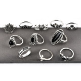 11 Pcs/Set Women Rings sets Vintage Elephant Heart Crown Crystal Geometry Joint Silver Color Ring Set Bohemia Jewelry girls