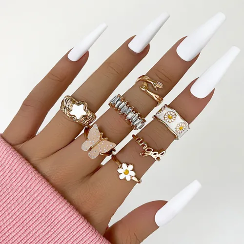New Enamel Flower Knuckle Ring Set For Women Shining Acrylic Butterfly Angel Letter Embrace Open Ring Lady Trend Jewelry