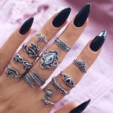 11 Pcs/Set Women Rings sets Vintage Elephant Heart Crown Crystal Geometry Joint Silver Color Ring Set Bohemia Jewelry girls