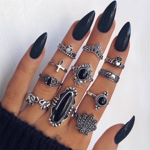 11 Pcs/Set Women Rings sets Vintage Elephant Heart Crown Crystal Geometry Joint Silver Color Ring Set Bohemia Jewelry girls