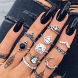 11 Pcs/Set Women Rings sets Vintage Elephant Heart Crown Crystal Geometry Joint Silver Color Ring Set Bohemia Jewelry girls