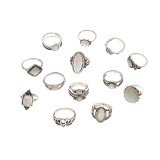 Bohemian Opal Stone Rings Sets For Women Antique Silver Color Carving Knuckle Ring Female Fashion Jewelry