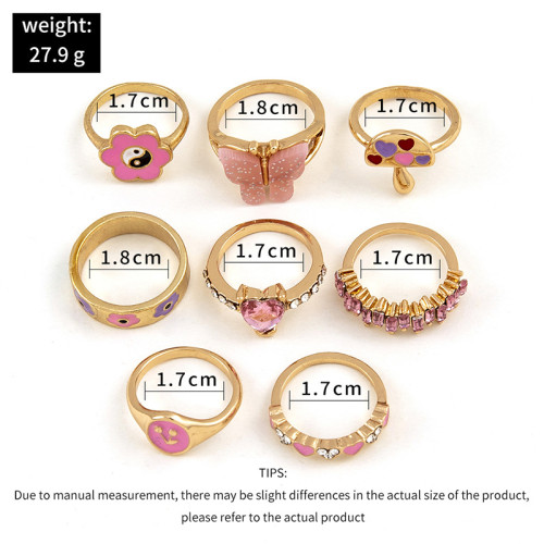 Pink Acrylic Butterfly Knuckle Ring Set For Women Crystal Enamel Mushroom Yin Yang Flower Rings Girls Fashion Jewelry