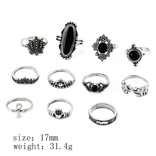 11 Pcs/Set Women Rings sets Vintage Elephant Heart Crown Crystal Geometry Joint Silver Color Ring Set Bohemia Jewelry girls