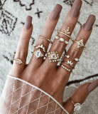 11 Pcs/Set Women Rings sets Vintage Elephant Heart Crown Crystal Geometry Joint Silver Color Ring Set Bohemia Jewelry girls