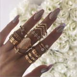 11 Pcs/Set Women Rings sets Vintage Elephant Heart Crown Crystal Geometry Joint Silver Color Ring Set Bohemia Jewelry girls