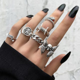 Punk Gothic Black Heart Ring Set For Women Dice Vintage Silver Plated Retro Bee Snake Wing Charm Female Finger Jewelry