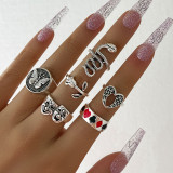 Punk Gothic Black Heart Ring Set For Women Dice Vintage Silver Plated Retro Bee Snake Wing Charm Female Finger Jewelry