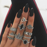 11 Pcs/Set Women Rings sets Vintage Elephant Heart Crown Crystal Geometry Joint Silver Color Ring Set Bohemia Jewelry girls