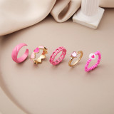 Fashion Pink Crystal Heart Ring Set For Women Enamel Yin Yang Angel Open Rings Teen Girls Unusual Jewelry Gift