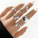 Punk Gothic Black Heart Ring Set For Women Dice Vintage Silver Plated Retro Bee Snake Wing Charm Female Finger Jewelry