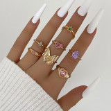 Fashion Pink Crystal Heart Ring Set For Women Enamel Yin Yang Angel Open Rings Teen Girls Unusual Jewelry Gift