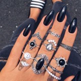 11 Pcs/Set Women Rings sets Vintage Elephant Heart Crown Crystal Geometry Joint Silver Color Ring Set Bohemia Jewelry girls