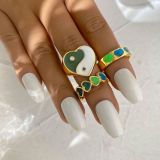 Fashion Pink Crystal Heart Ring Set For Women Enamel Yin Yang Angel Open Rings Teen Girls Unusual Jewelry Gift